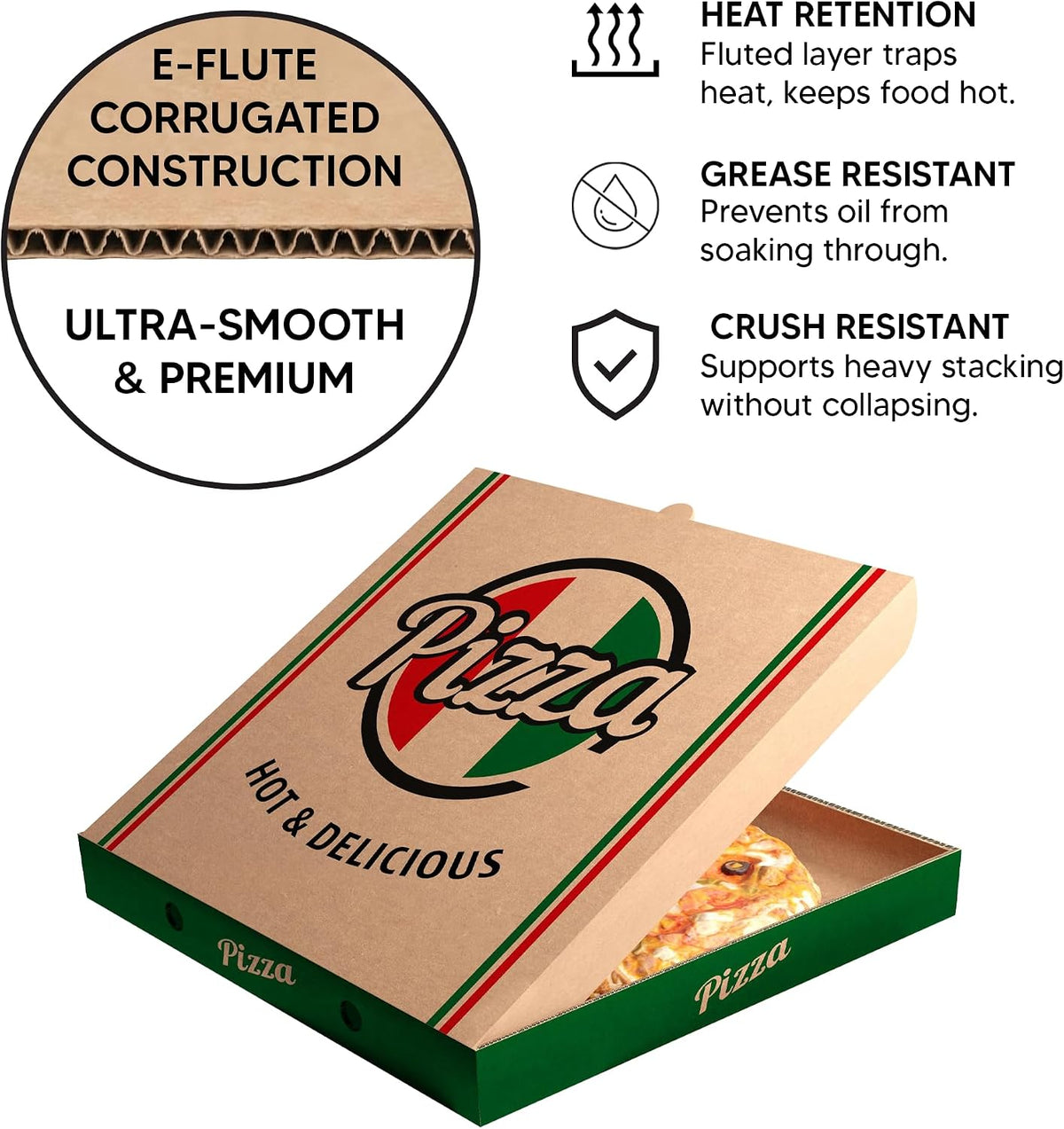 BULK Disposable Pizza Boxes 50 Pack | 12 Inch | Brown Kraft or White | E-Flute | Designed - Hot & Delicious