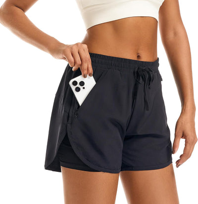 Women's 2 in 1 Running Shorts Athletic Workout Gym Zipper Pockets