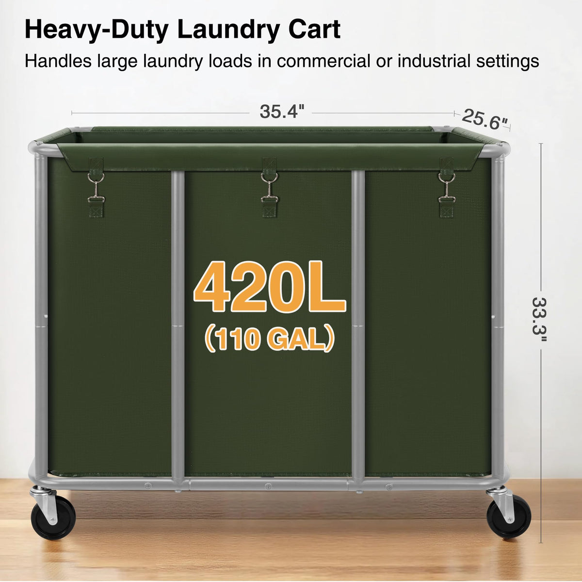 Commercial Laundry Cart with Lockable Wheels, Large 420L Industrial Rolling Laundry Hamper with Steel Frame