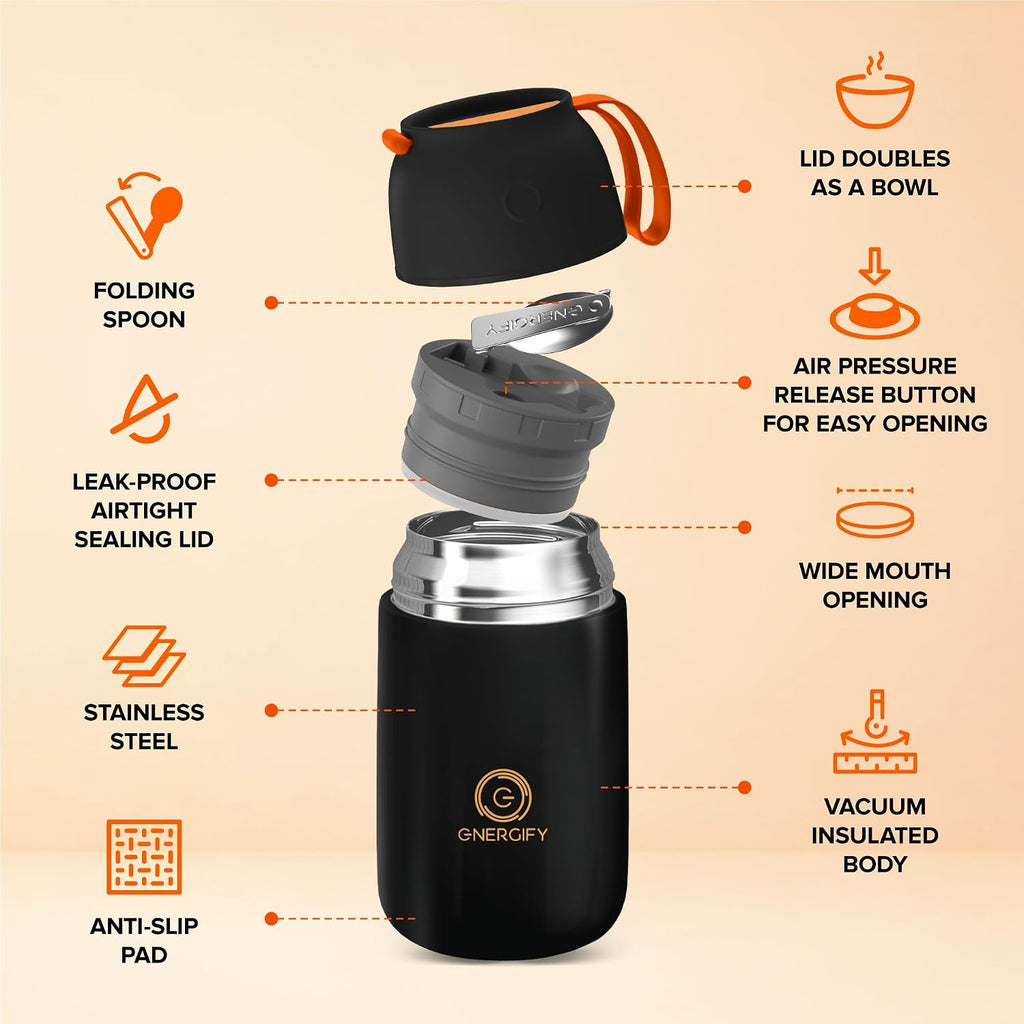 Vacuum Insulated Food Jar. Large 24oz Bowl incl. Folding Spoon, Cup. Wide Mouth Keep Hot & Cold Drinks Soup Lunch