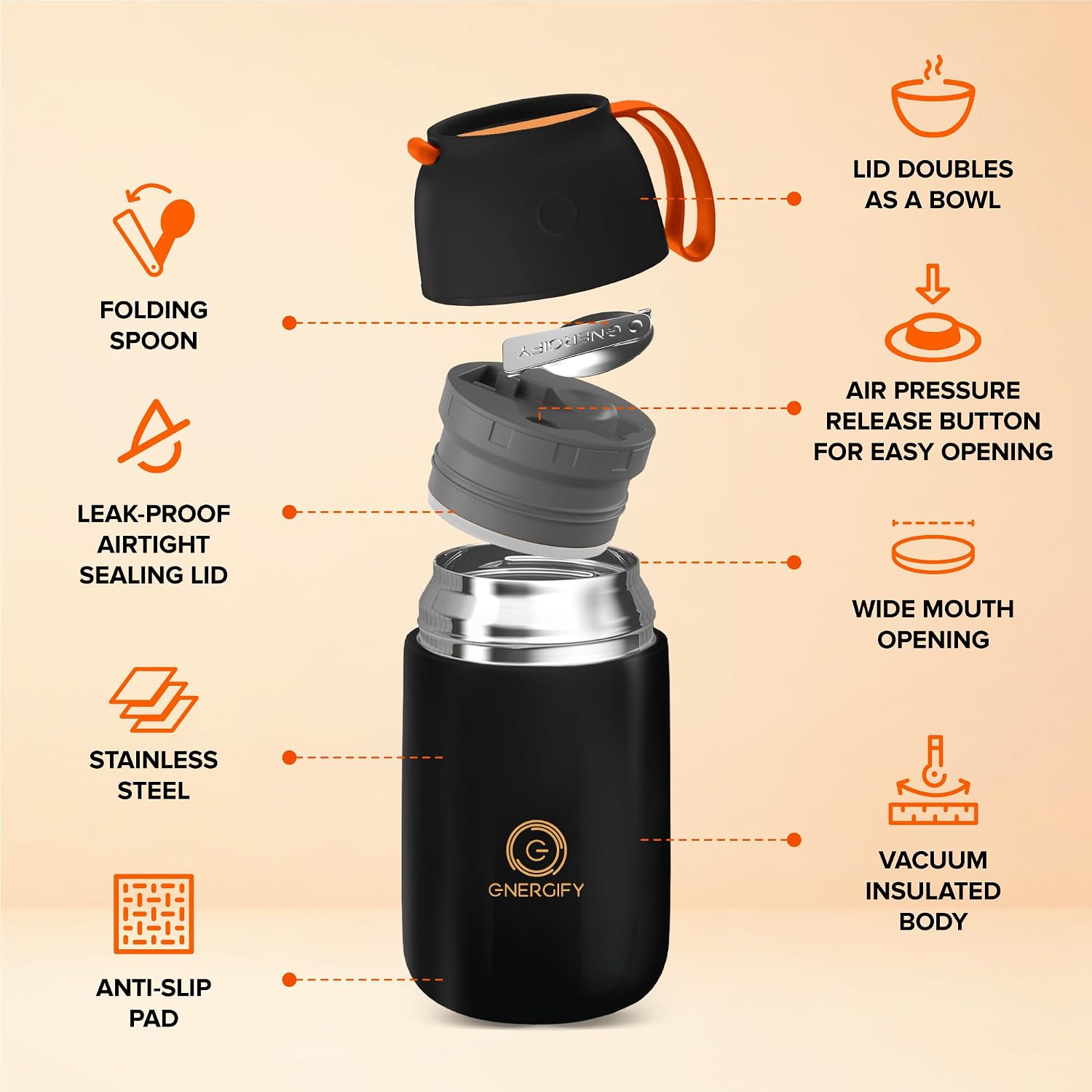 Vacuum Insulated Food Jar. Large 24oz Bowl incl. Folding Spoon, Cup. Wide Mouth Keep Hot & Cold Drinks Soup Lunch