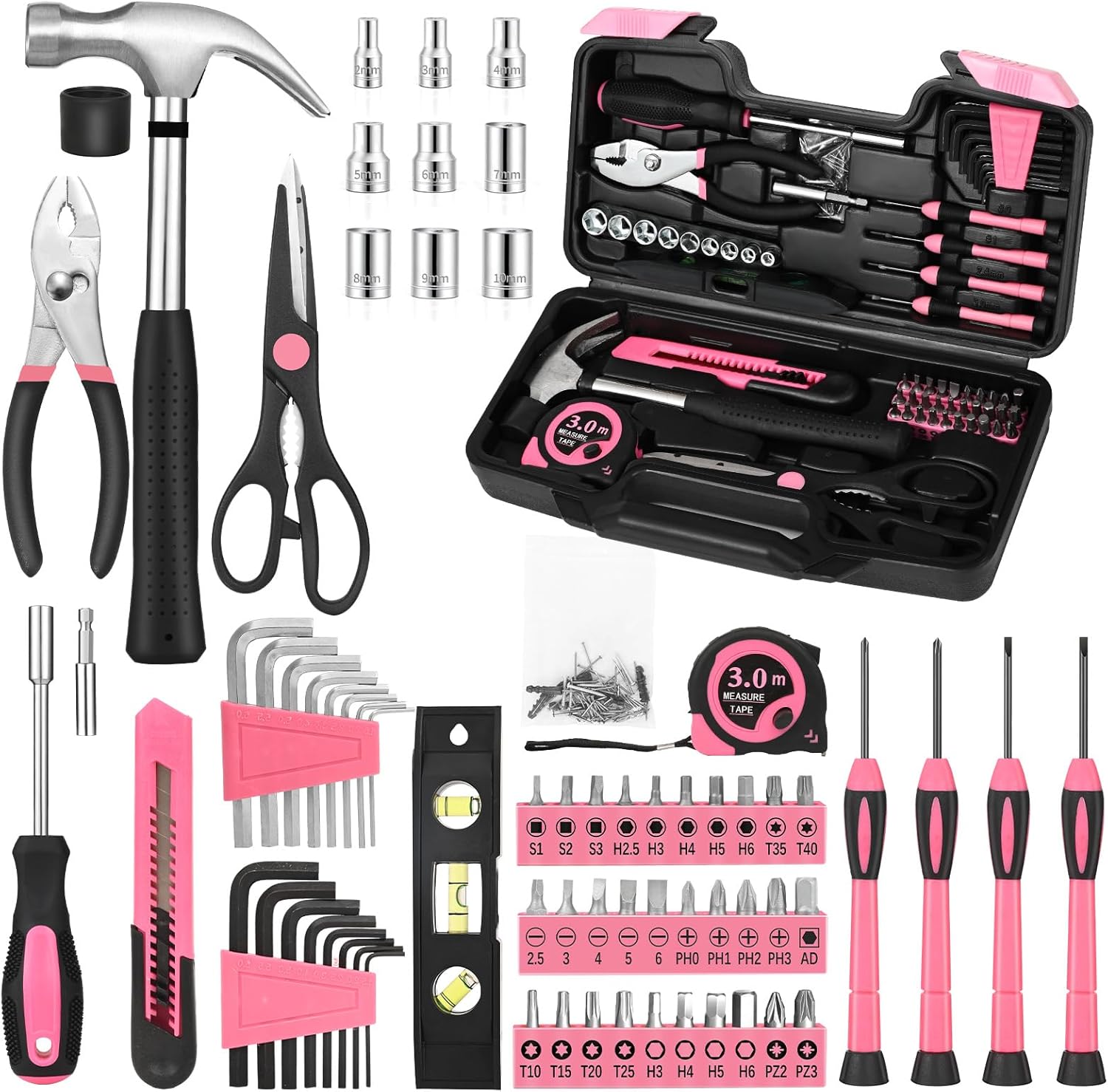 144-Piece Pink Tool Kit Basic Home Repair Tool Set General Household Hand Tool Kit Small Tool Kit with Plastic