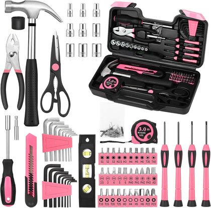 144-Piece Pink Tool Kit Basic Home Repair Tool Set General Household Hand Tool Kit Small Tool Kit with Plastic