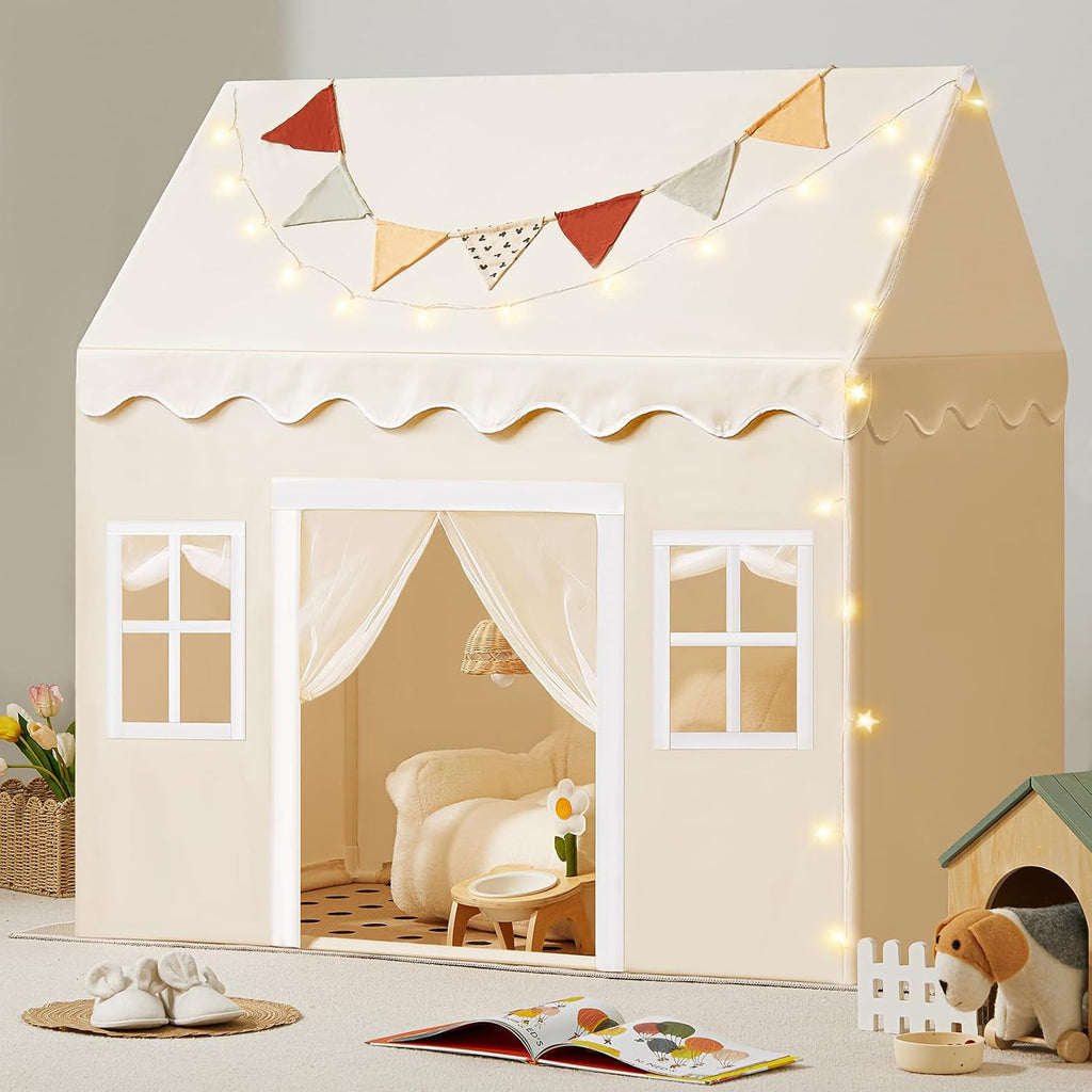 Play Tent with Padded Mat & LED Lights, 3-in-1 Kids Green Play Tunnel with Ball Pit & Tent