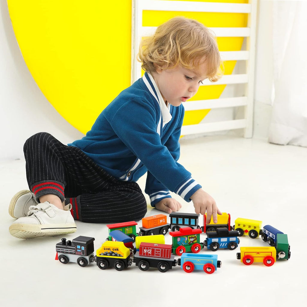 Wooden Train Set 16 PCS Train Toys Magnetic Set Includes Storage Bag - Wooden Track Accessories - Wooden Magnetic Car