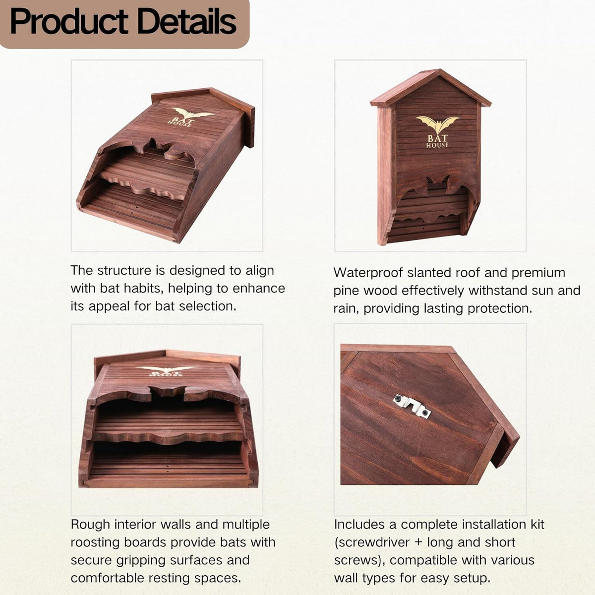 Bat House for Outdoors, 2-Chamber Pine Wood Bat Box, Preassembled, Brown