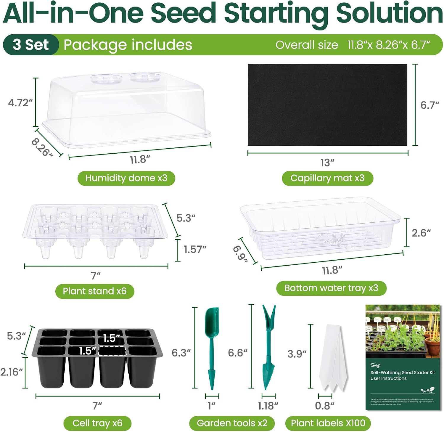 Self Watering Seed Starter Trays with Humidity Domes 3 Pack 72 Cells | Extra Thick Plastic Seed Starter kit for Seed