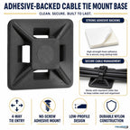Kable Kontrol Zip Tie Mounts, 1/2” Black, 100 Pcs Adhesive Backed