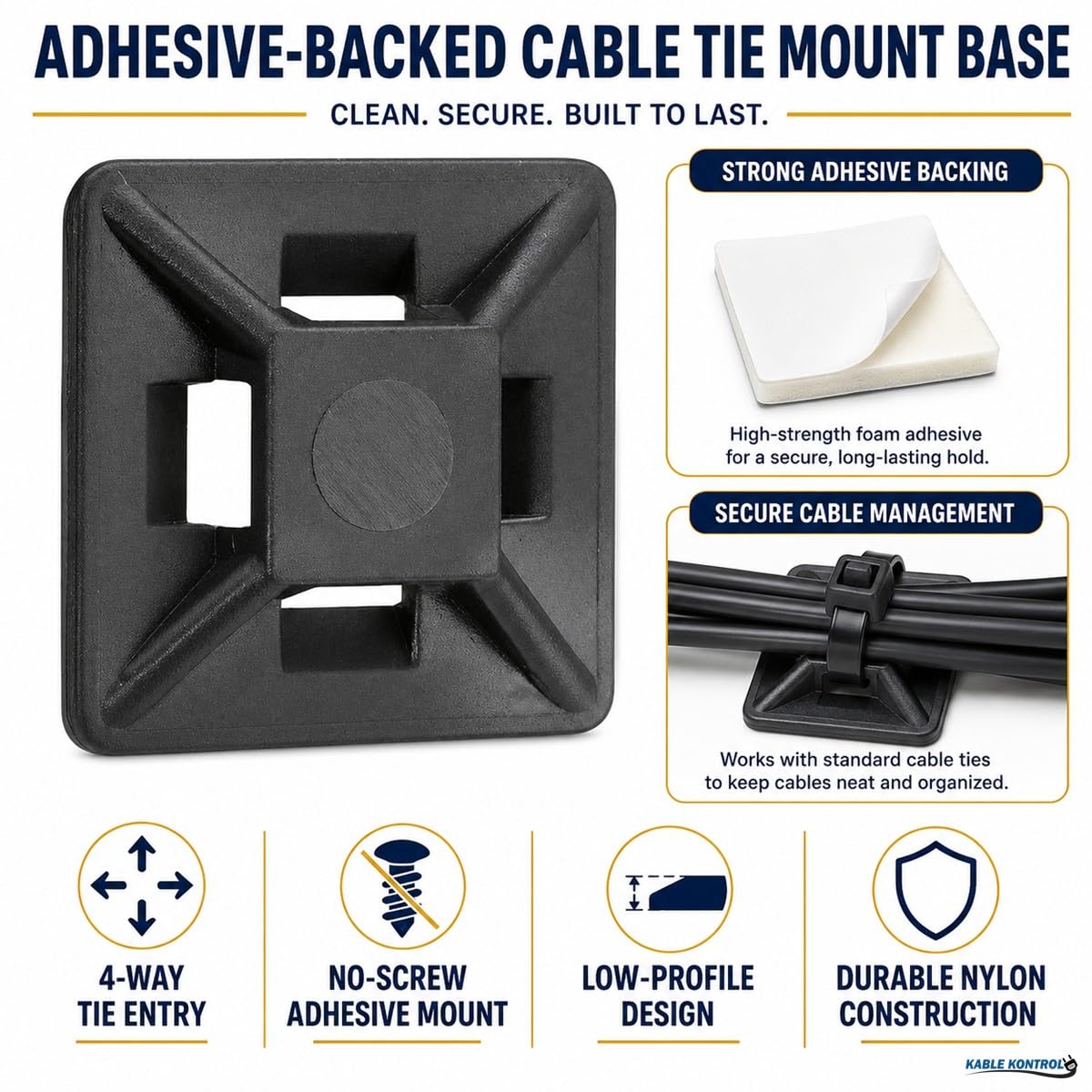 Kable Kontrol Zip Tie Mounts, 1/2” Black, 100 Pcs Adhesive Backed