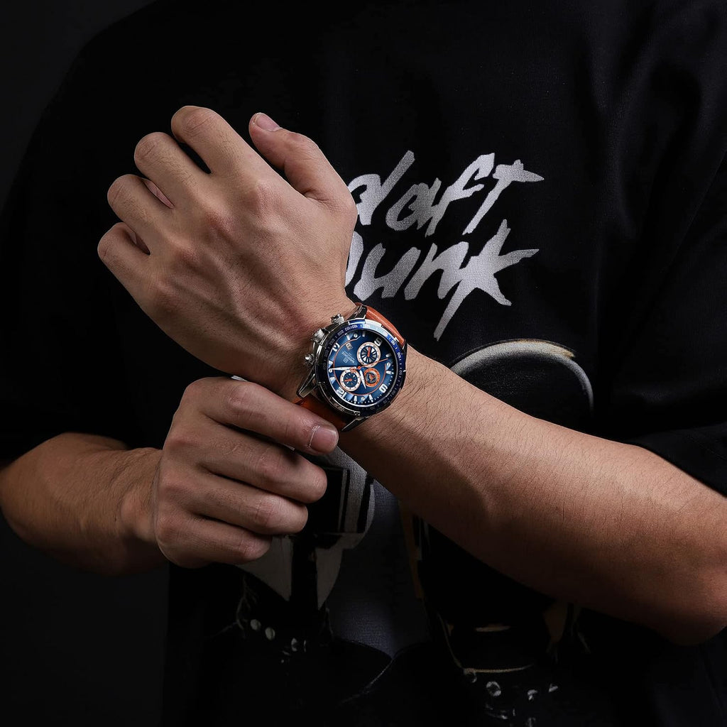 Sport Watches for Men Analog Quartz Chronograph Leather Strap Wrist Watch
