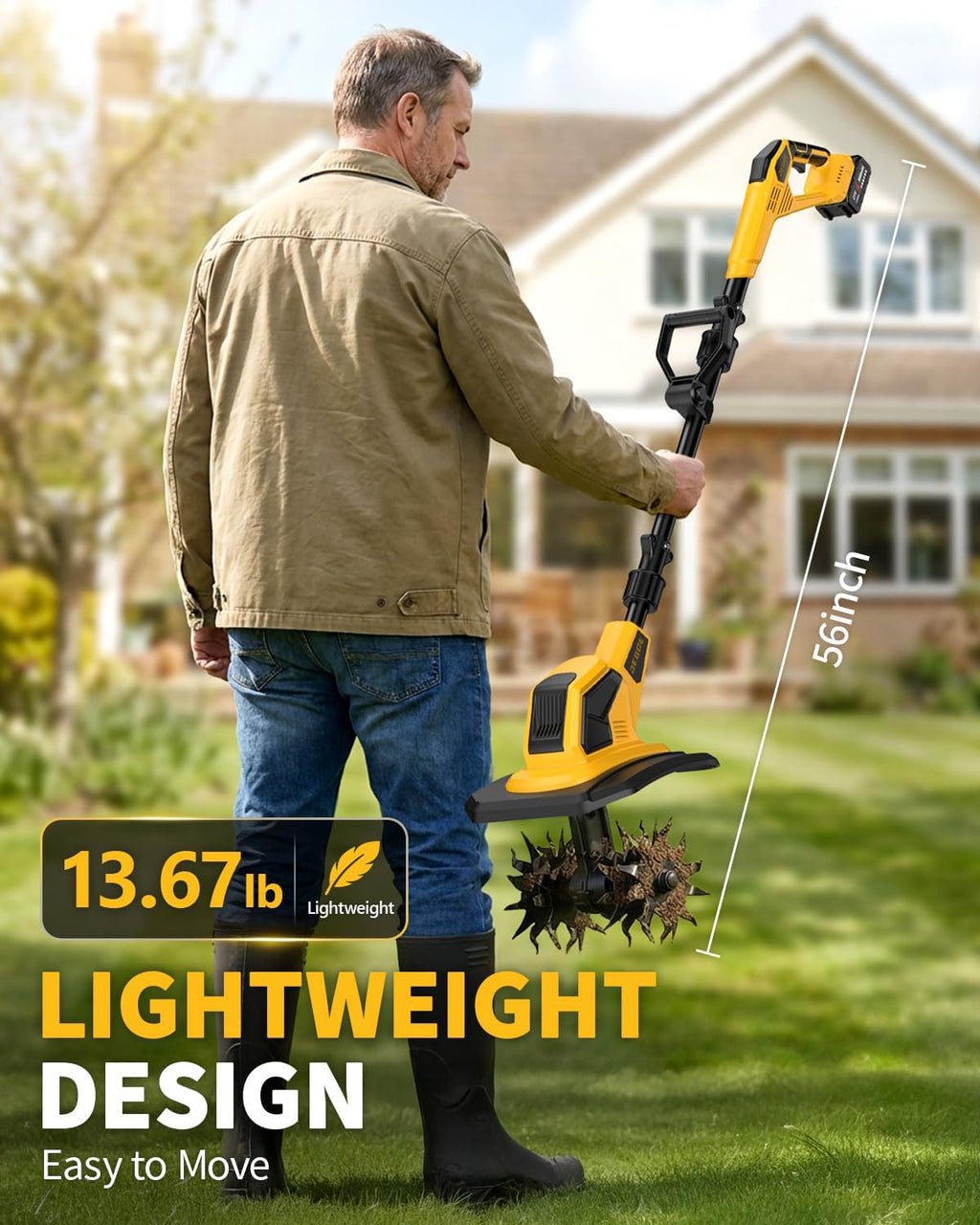 Tiller, Cordless Tiller Cultivator with 48 Steel Tines, 9 inch Tilling Width and 6.7 inch Depth, 2 x 3.0Ah 21V