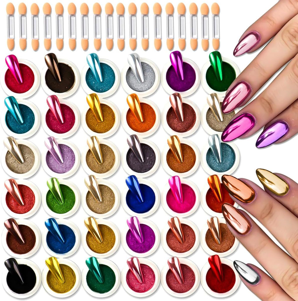 36 Jars Chrome Nail Powder Kit, Metallic Mirror Chrome Powder