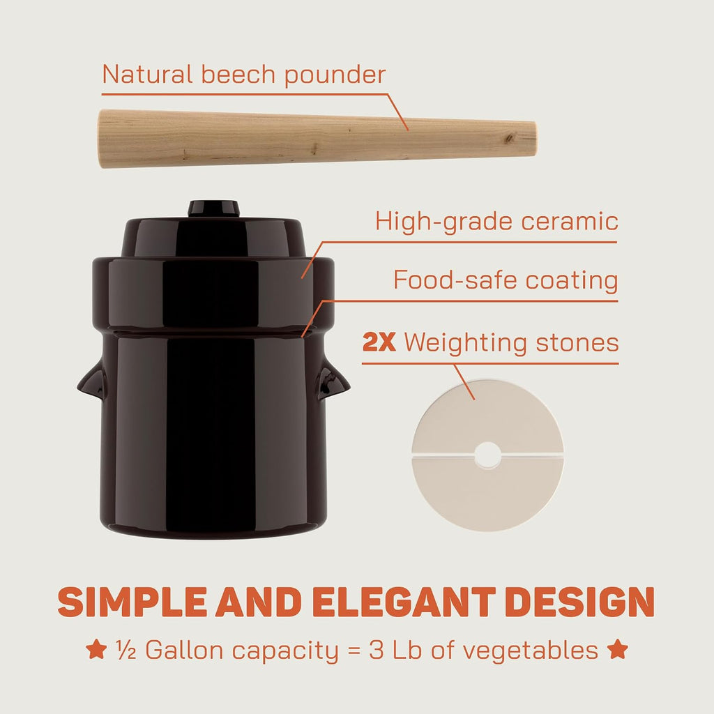 Fermentation Crock 1/2 Gallon - Sauerkraut Crock with Weights & Pounder | Ceramic Fermenting Crock Kit for Pickling