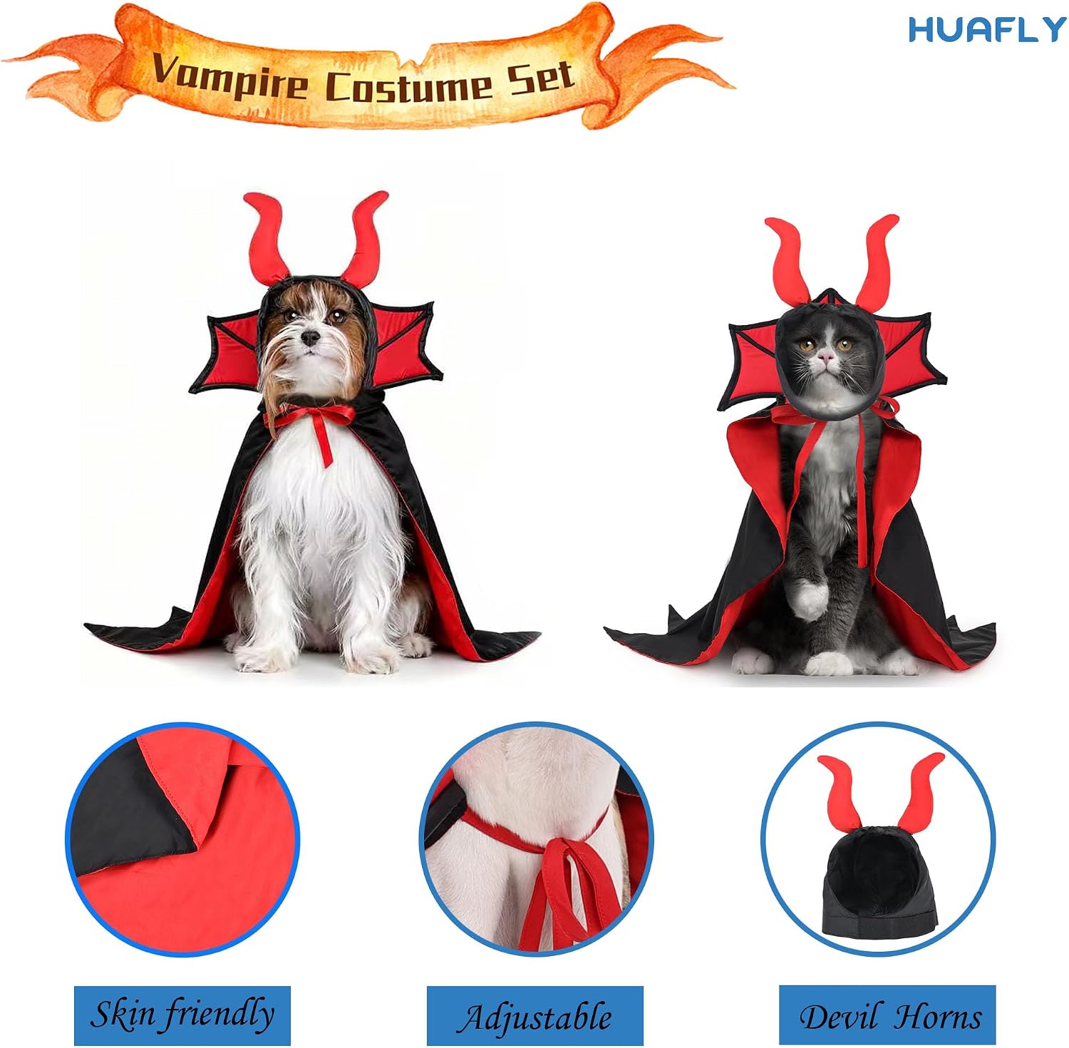 Cat Costume,Dog Halloween Costumes, Adjustable Vampire Costume with Devil Horns, Comfortable Halloween Costumes for