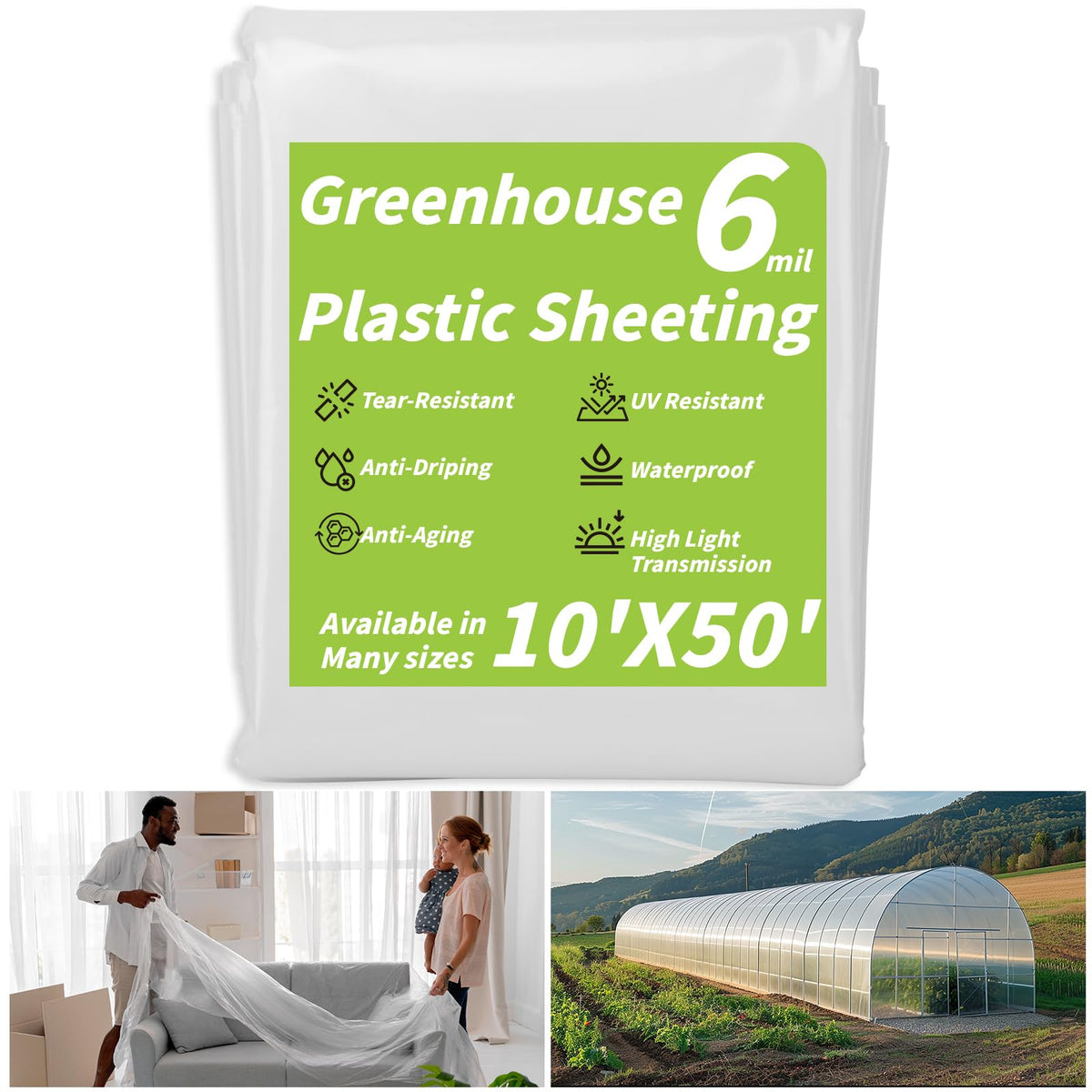 6 Mil Greenhouse Plastic Sheeting, 10 x 50 FT Clear Polyethylene Film