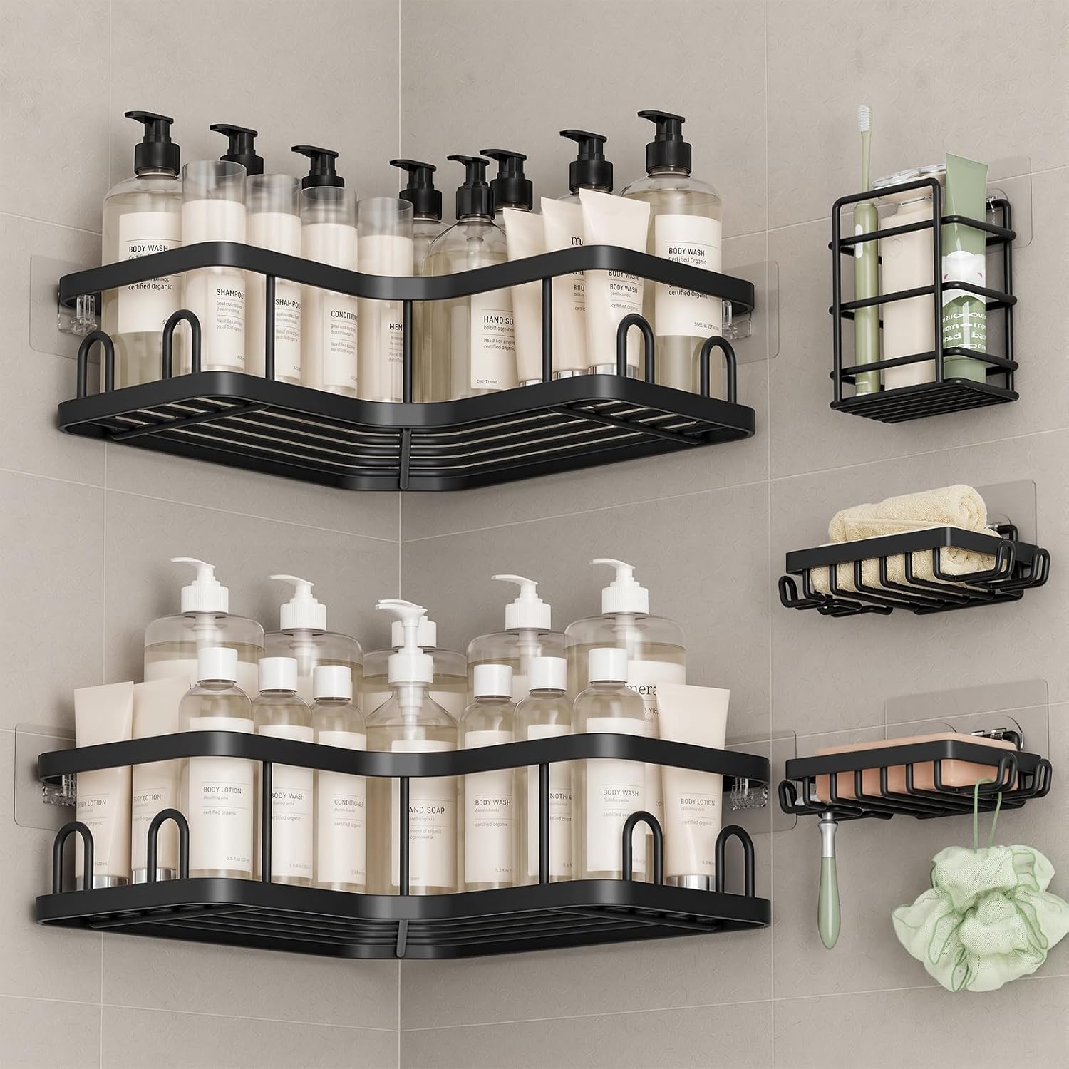 Large Capacity Corner Shower Caddy 5-Pack, Advanced Rustproof Design | No Drilling Adhesive Shelves, Rack with Soap
