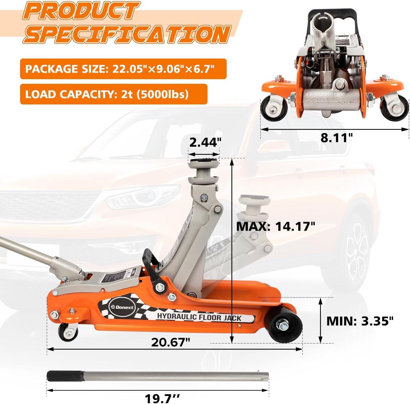 2.5 Ton Low Profile Racing Floor Jack, Heavy Duty Steel Construction, Lifting Range 3.35"-14.17"