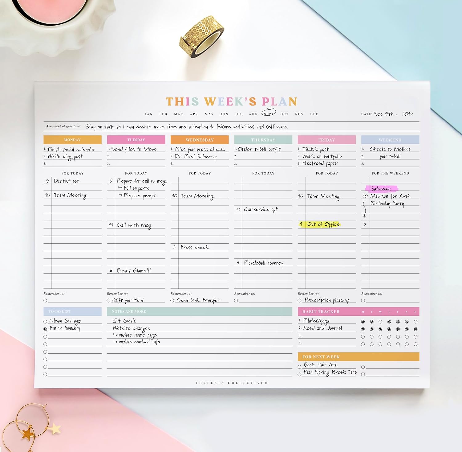 ThreeKin Weekly Planner - Premium 52-Sheet Tear-Off Notepad, 8.5 x 11 inches, Clean Colorful Design, Perfect for