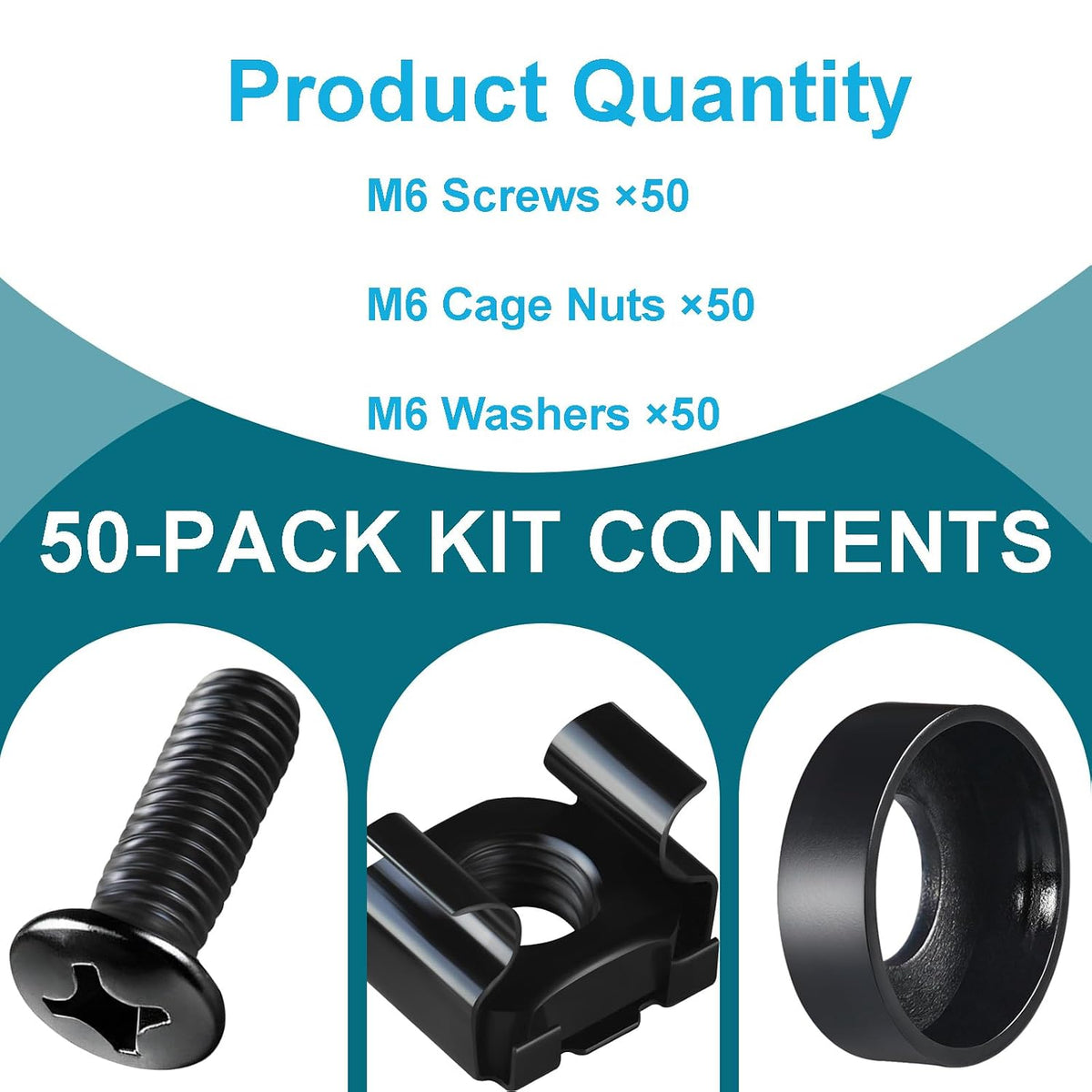 M6 Cage Nuts and Rack Screws Kit, 50-Pack, Rack Mount Cage Nuts