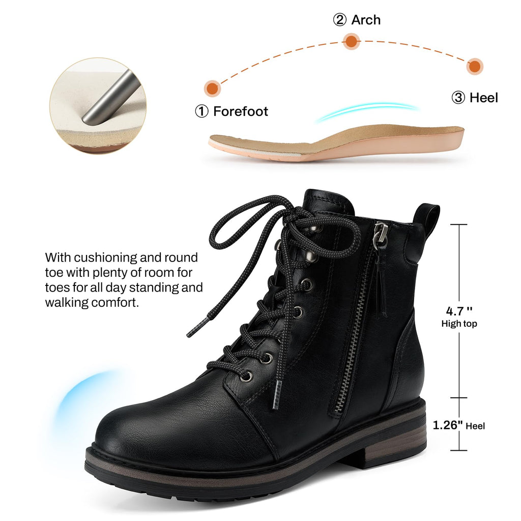 Black Ankle Boots for Women Lace-up Flat Combat Boots Comfortable