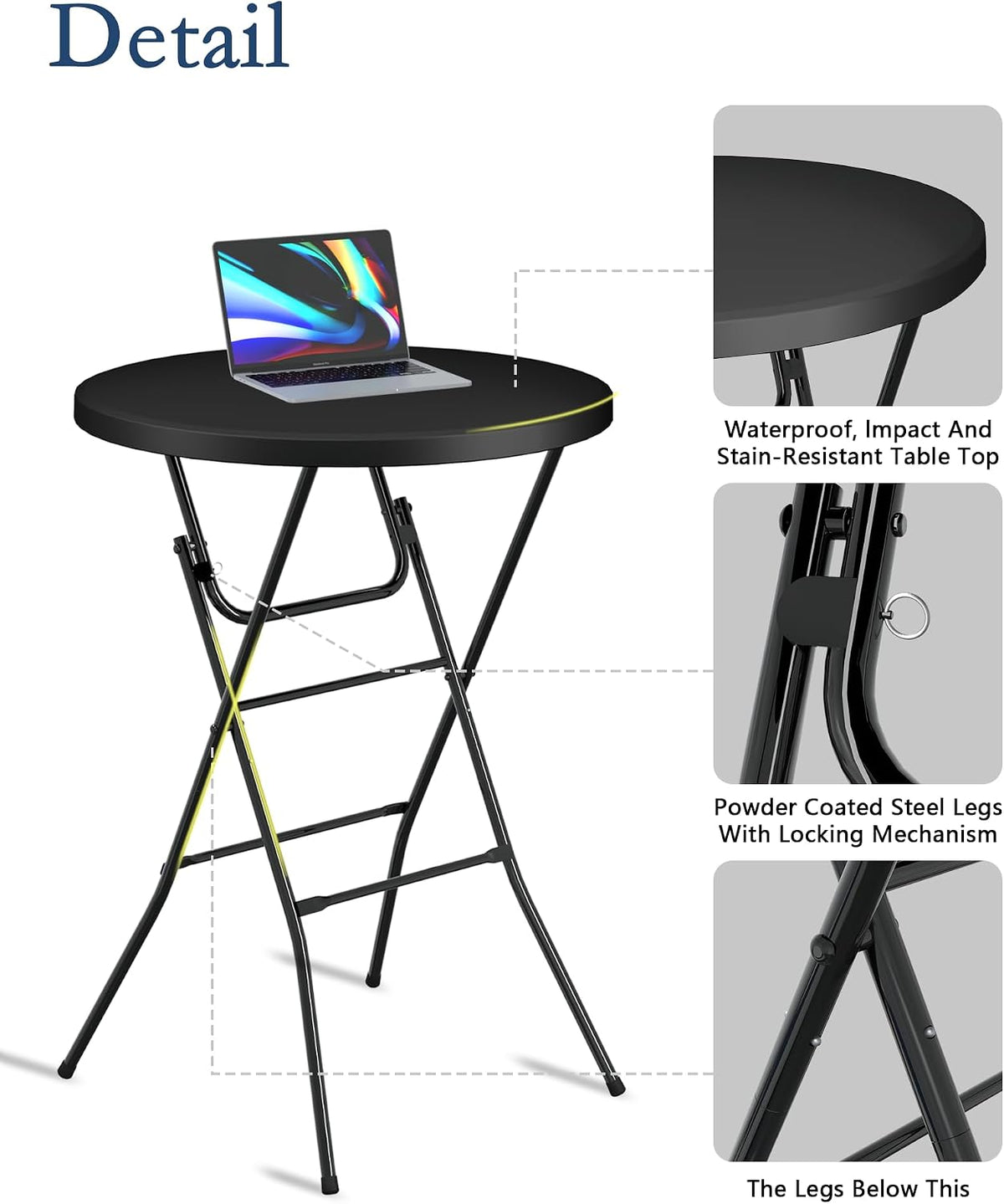 32" Round Folding Table, Plastic Bar Height Tables for Parties, Black