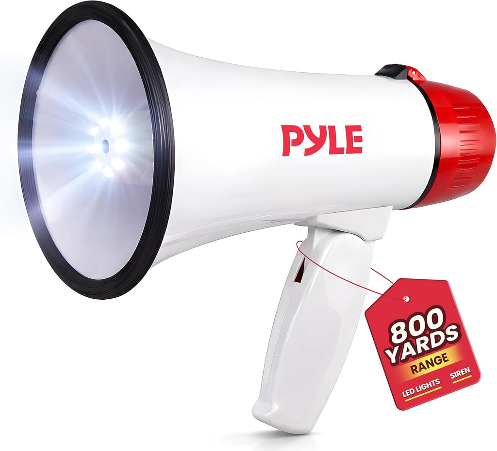 30W Megaphone Bullhorn with Built-in Siren, LED Lights, Adjustable Volume Control, 800-Yard Range, Lightweight &