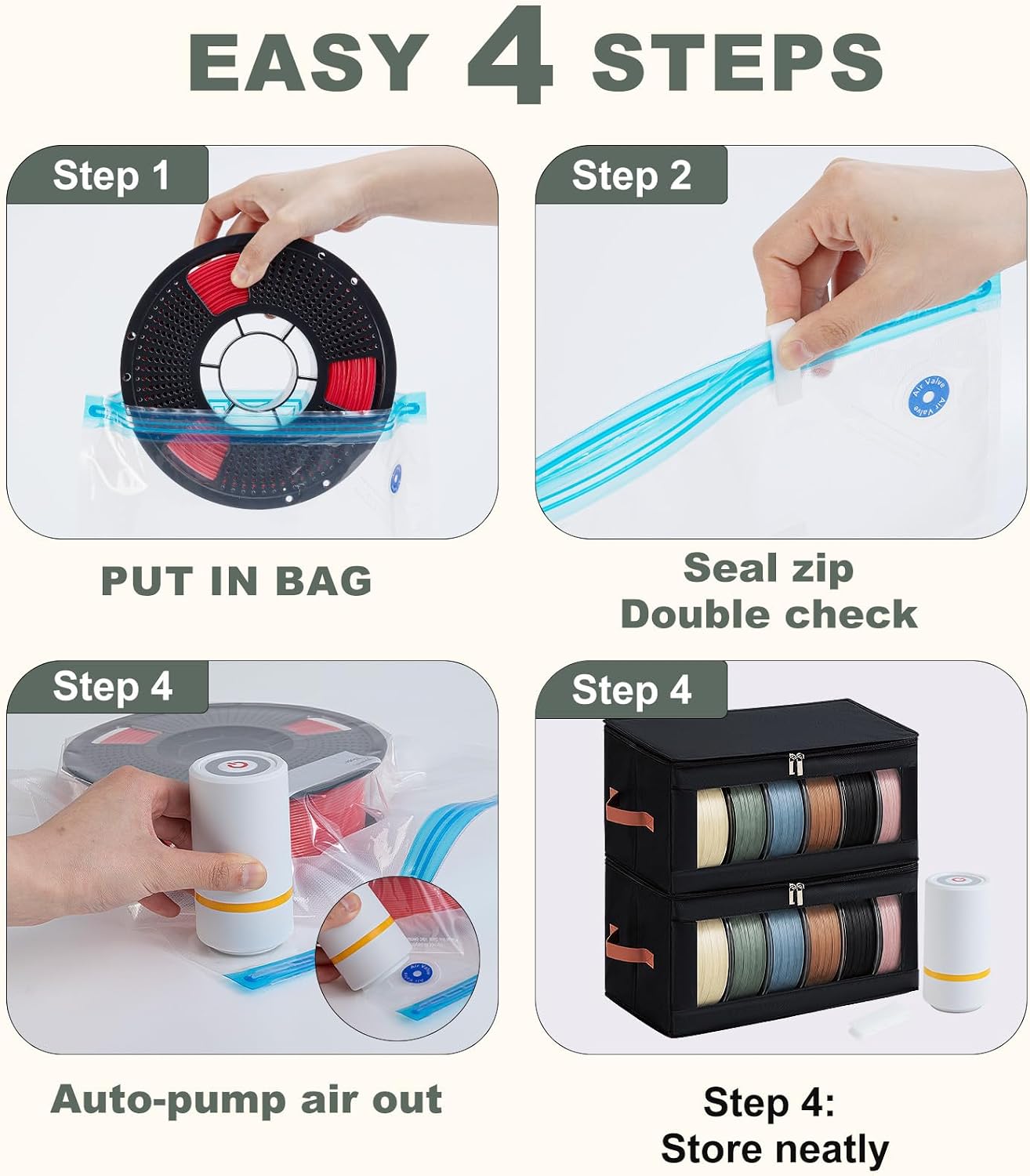 Filament Storage Box for 12 Spools with Vacuum Bags, Dry Storage Organizer | Electric Vacuum Pump, Thick PA+PE Vacuum