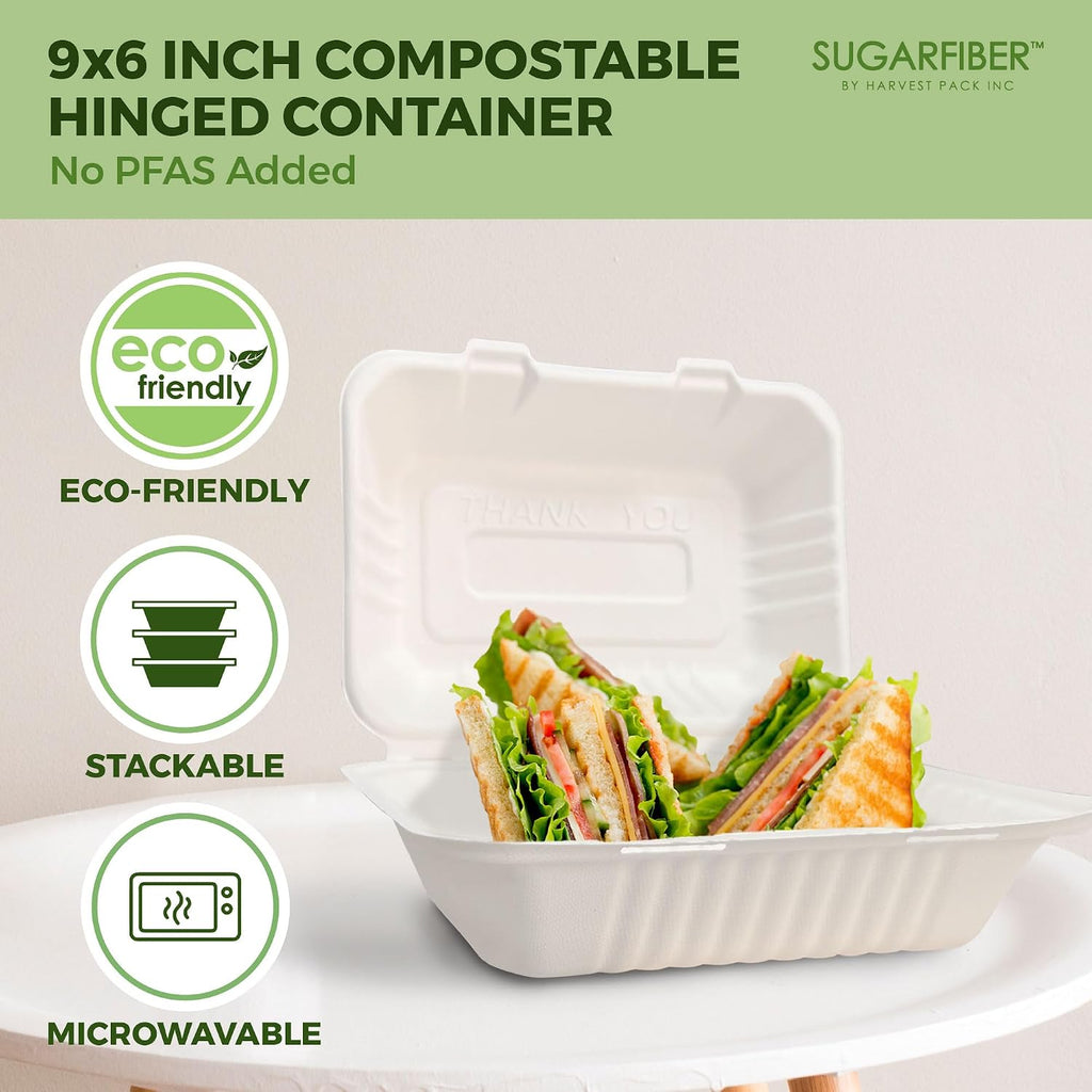 9X6 inch Compostable White Clamshell Take Out Food Containers togo boxes