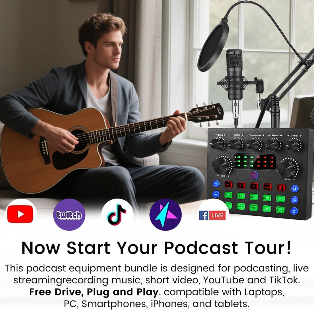 Podcast Equipment Bundle, Recording Studio Package with Podcast Microphone and Voice Changer, Live Sound Card - Audio
