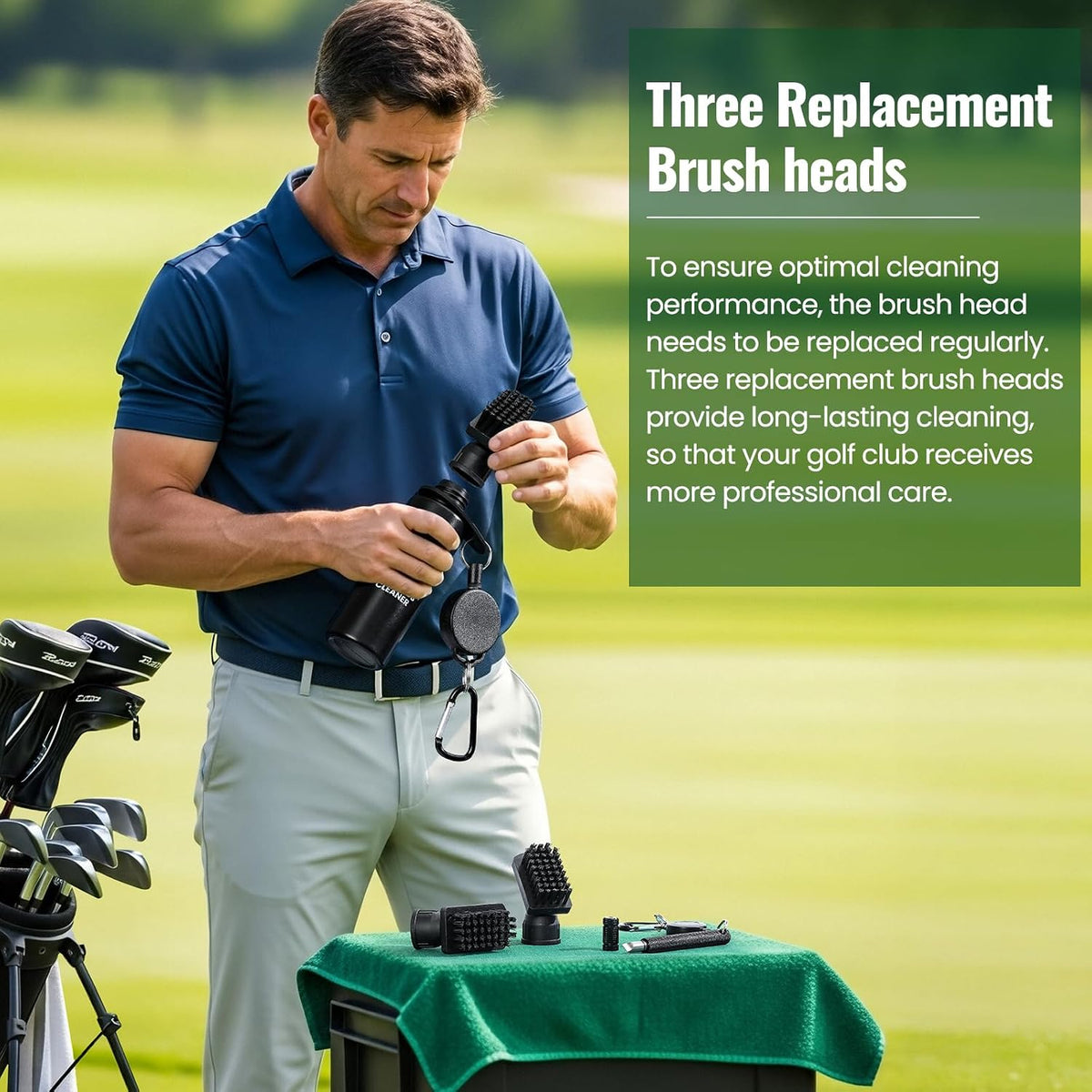 Golf Club Brush Cleaner with Golf Groove Sharpener Tool, 3 Replacement Brush Heads, 2 Retractable Clip，Golf Bag Golf
