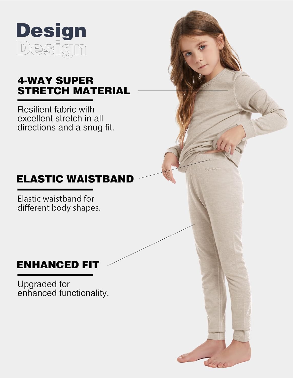 Kids Unisex 100% Merino Wool Base Layer Sets Lightweight Thermal Underwear