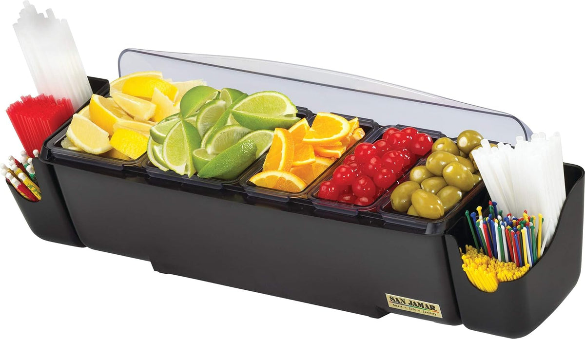 Dome Garnish Center 5 Tray with Caddies for Kitchen, Bar, And Restaurants, Plastic, 9 Pints, Black