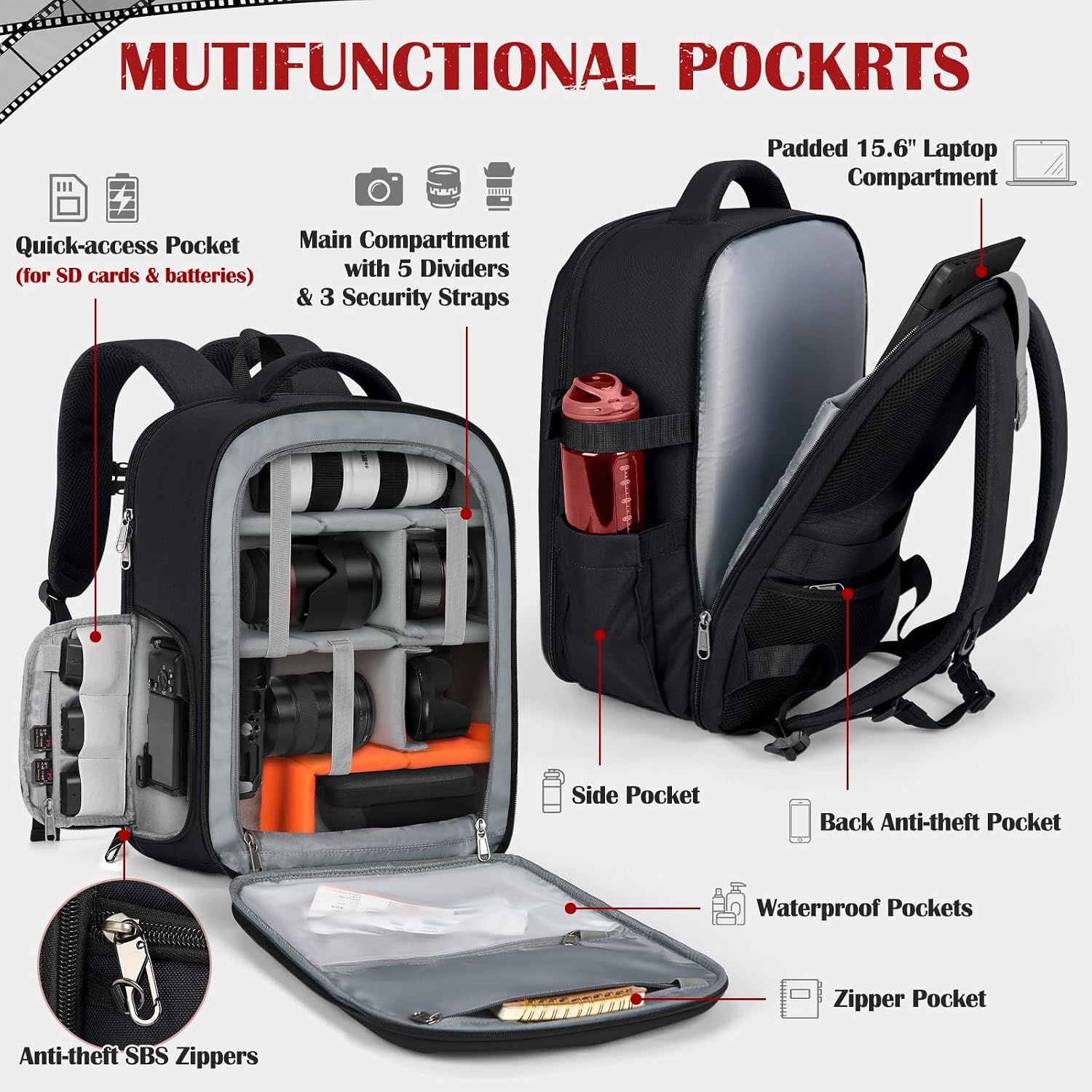 Camera Backpack, Hardshell DSLR/SLR Camera Bag with Lens Pouch & 15.6" Laptop Compartment Waterproof Camera Case with