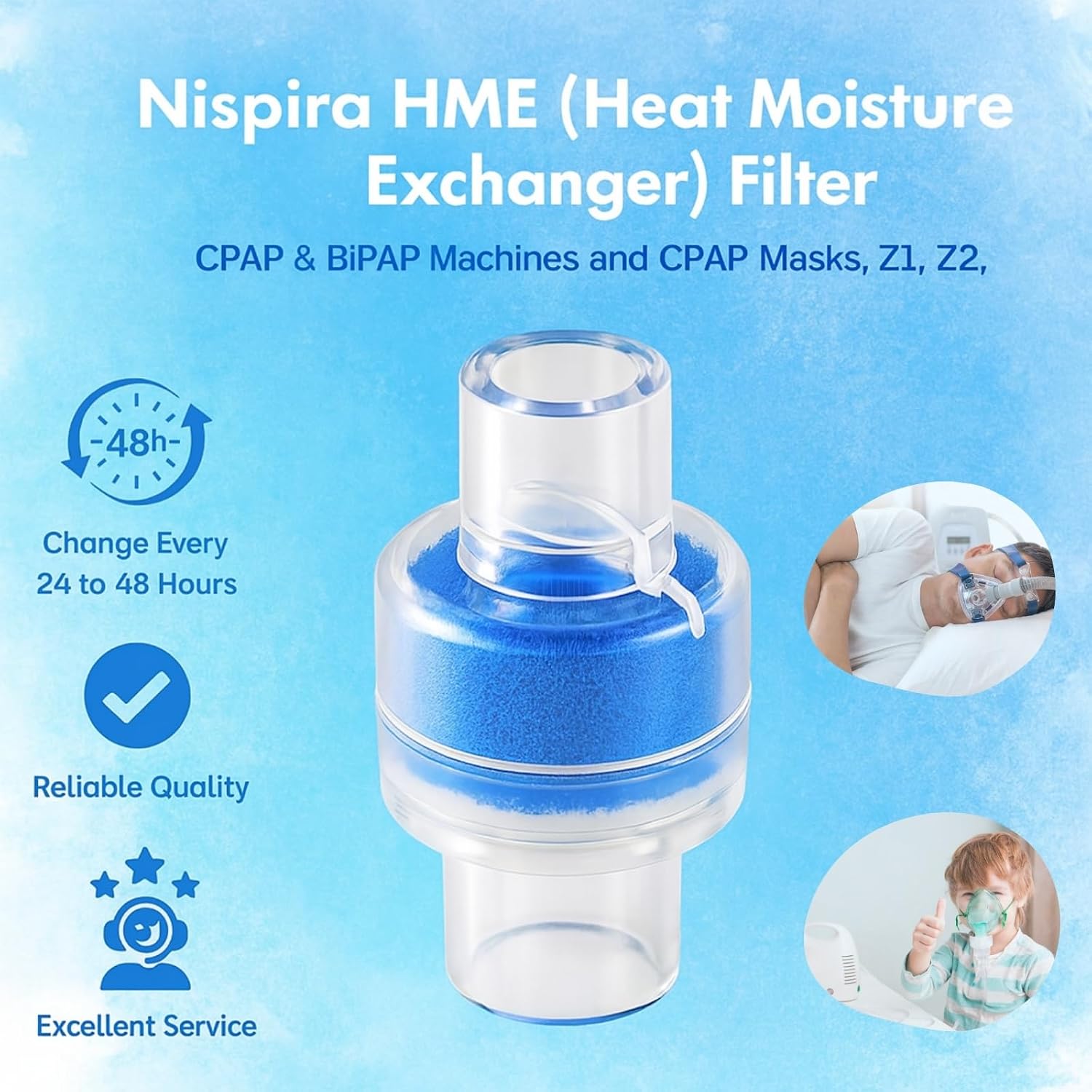 6 Nispira HME Heat Moisture Exchanger Filter in-Line Humidification Solution Unit for CPAP biPAP Machine & Mask, Z1