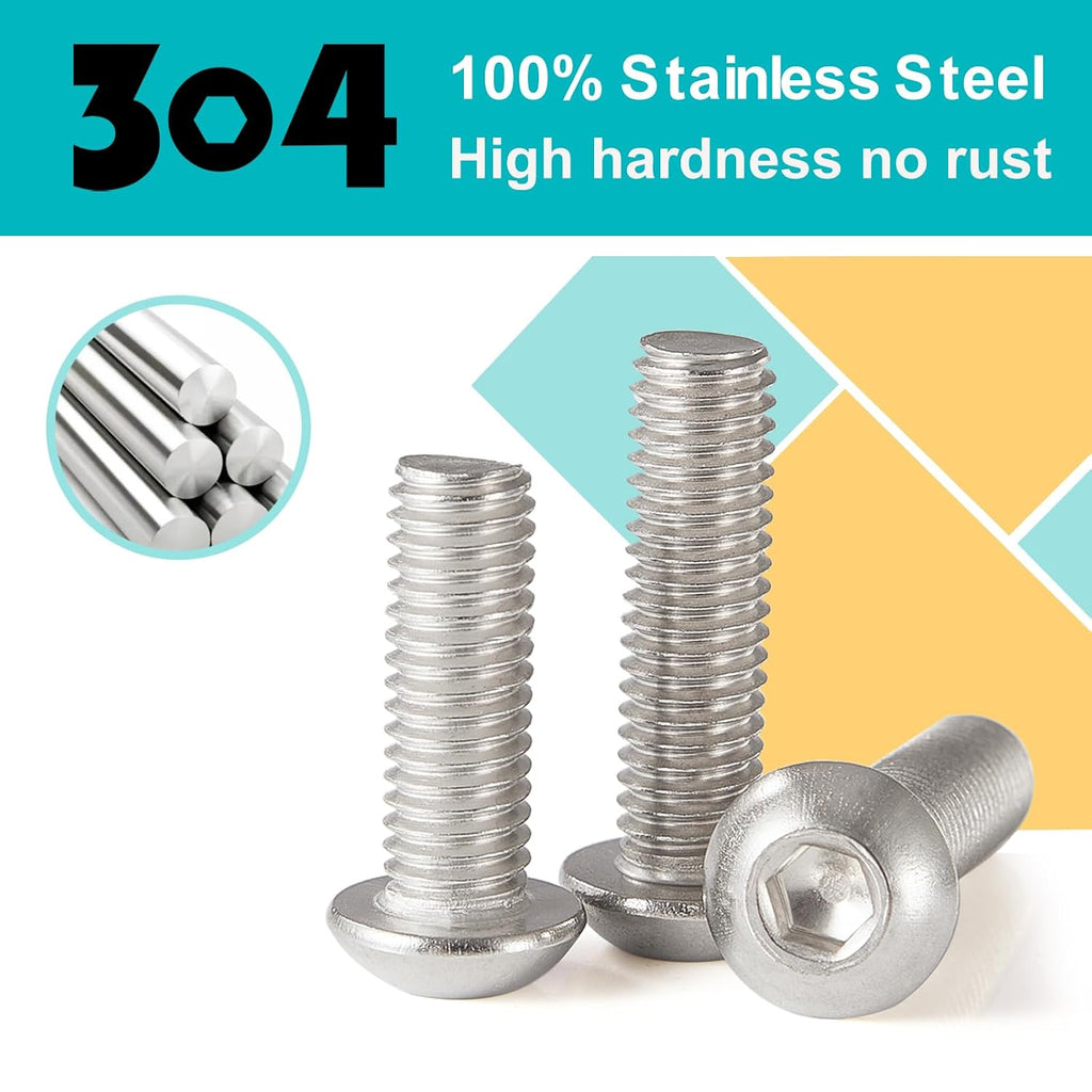 #10-32 x 1-1/4" Button Head Socket Cap Screws Bolts, Stainless Steel 18-8 (304), Metric Allen Hex Drive, Fully Threaded, Bright Finish, 30 PCS