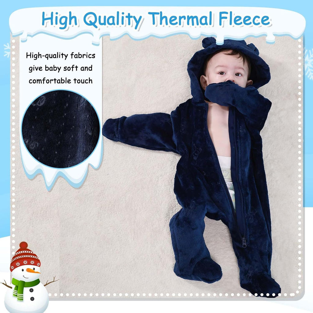 Newborn Baby Bear Suit Thin Fleece Footie Romper Snowsuit Hooded Jumpsuit Bodysuit Winter Clothes Boy Girl 0-12M