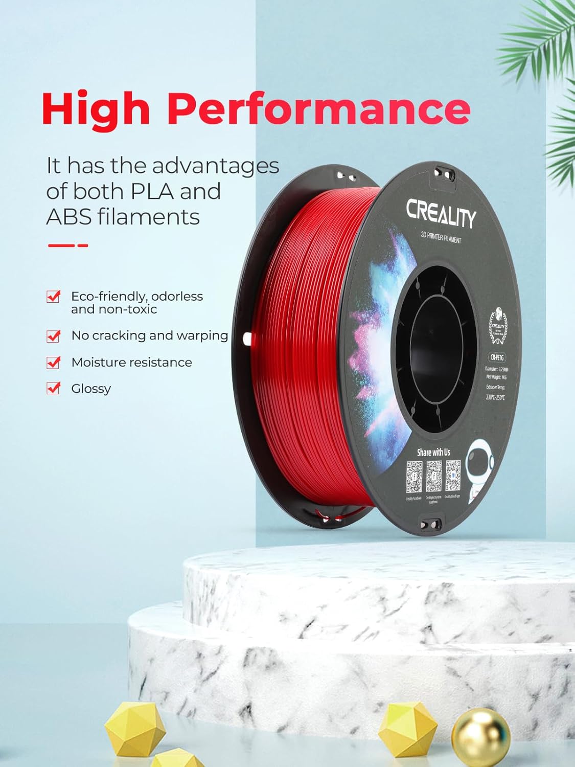 PETG 3D Printer Filament 1.75mm, Excellent Toughness High Precision, Odorless Non-Toxic Moistureproof, 1kg(2.2lbs)