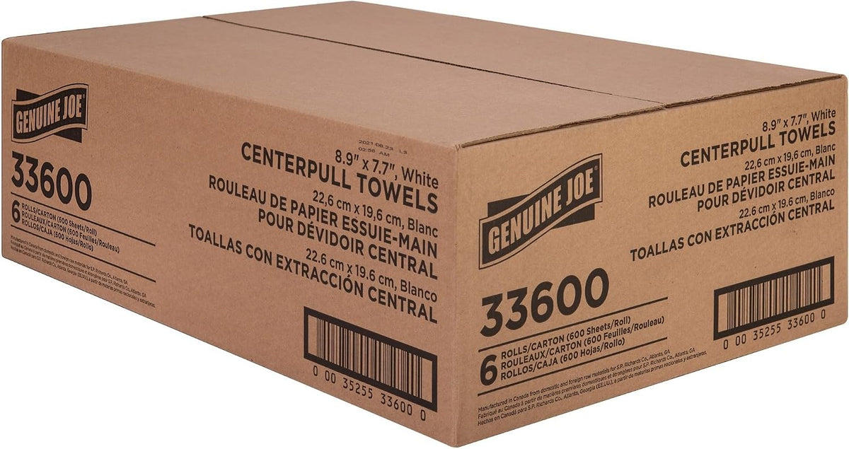 Centerpull Towel Rolls - 8.13" Width x 7.56" Length - 600 Sheets/Roll - 3" Core - White - Virgin Fiber - 6 / Carton