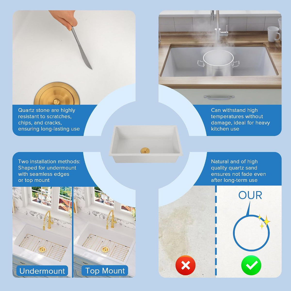 White Bar Sink Undermount 15''x15'',15 Inch Undermount Small Wet Bar Sink,9 Inch Depth White Single Bowl Quartz