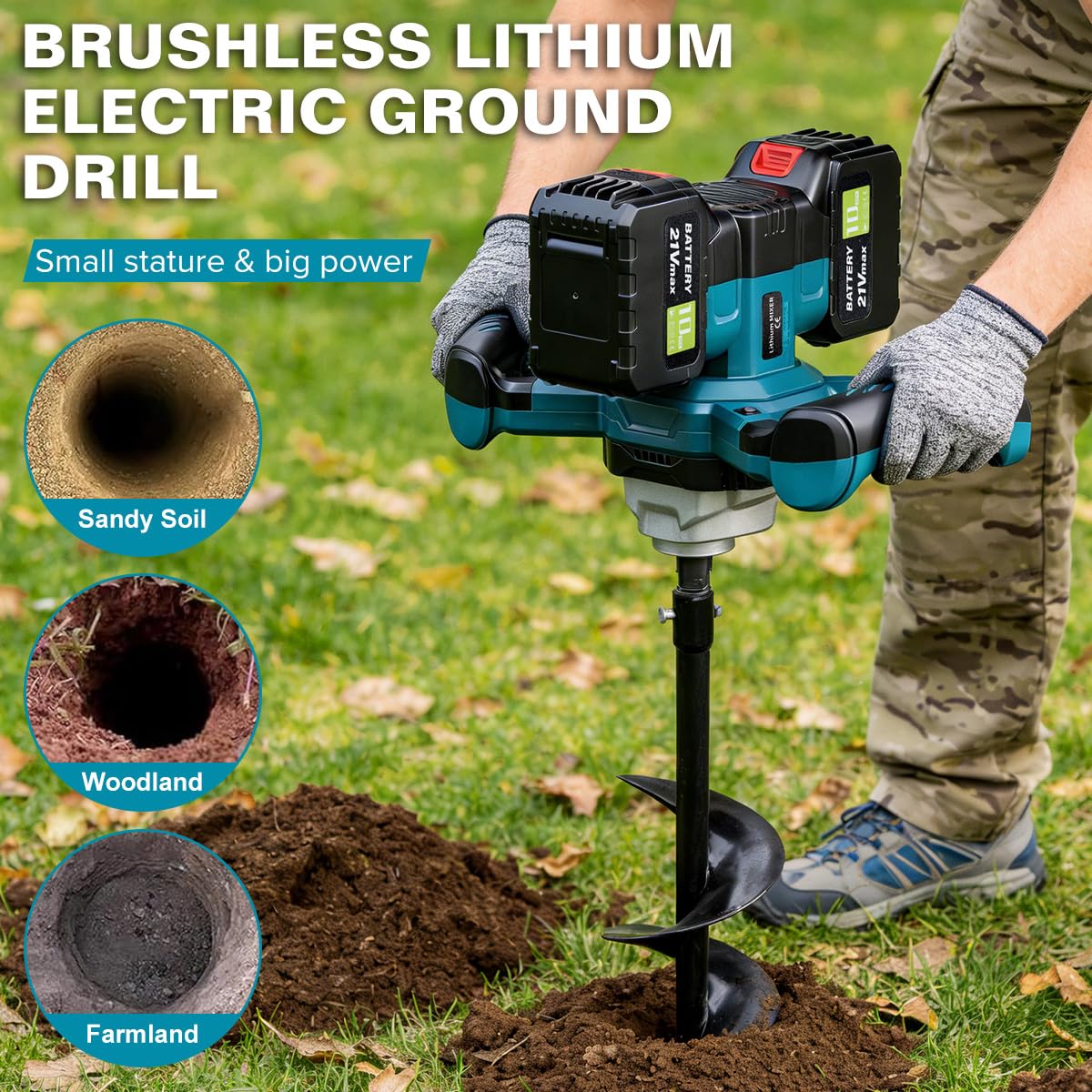 Post Hole Digger,Cordless Earth Auger,Electric Earth Auger,Includes 1twist Drill bit with Two Batteries and one