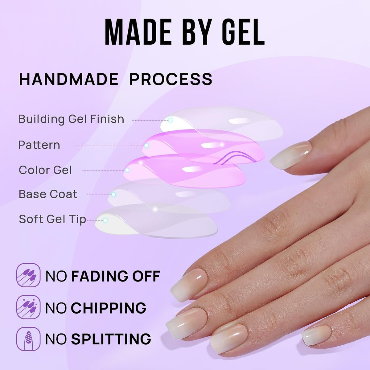 Press On Nails, Short Square Pink Fake Nails, 32Pcs Full Kit