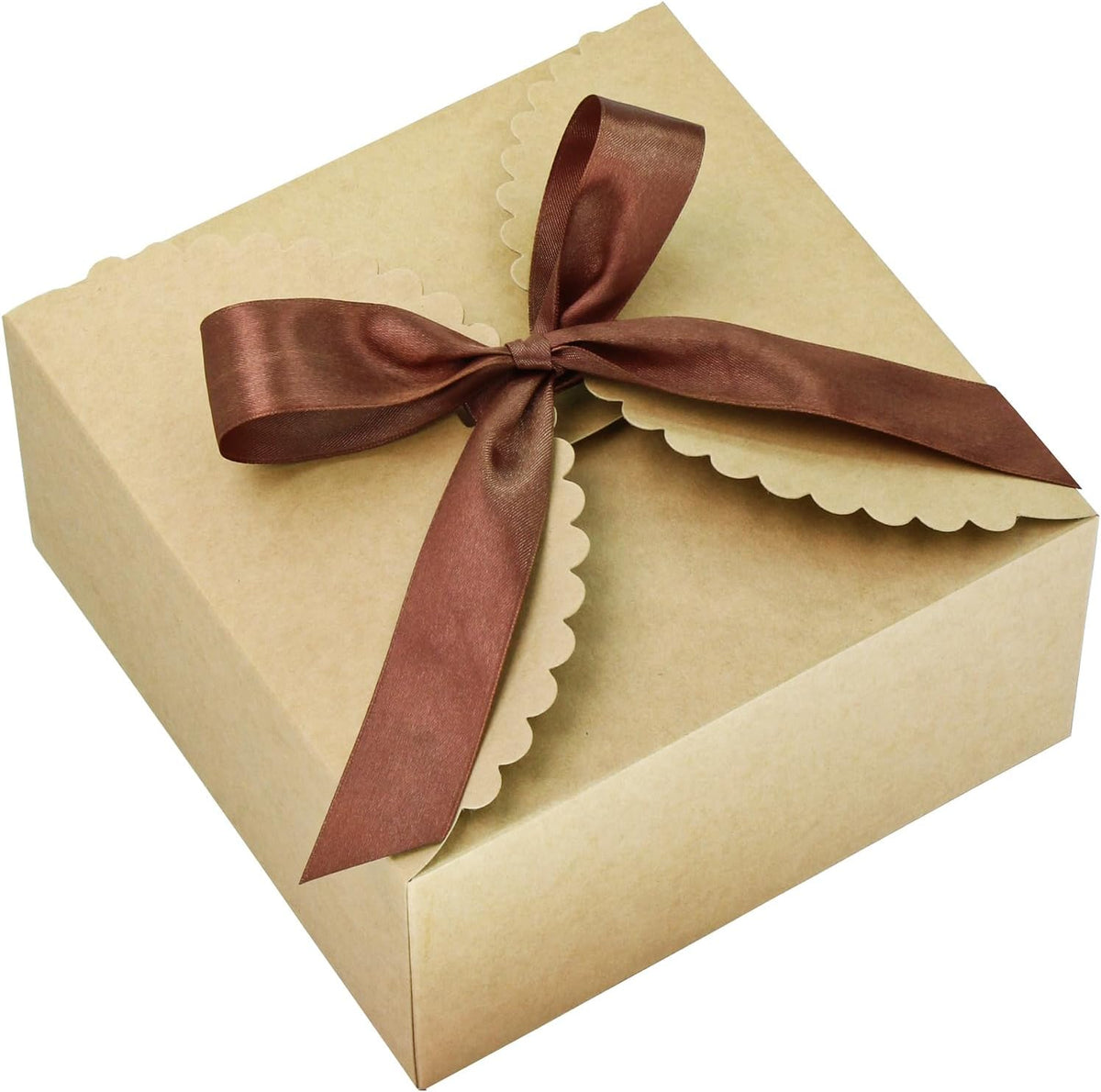 8x8x4 Kraft Gift Box with Lid and Ribbon, 6 Pack Foldable Boxes
