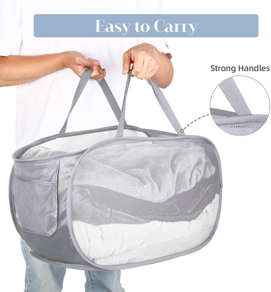Durable Collapsible Laundry Baskets, Mesh Pop Up Laundry Hamper with Side Pocket, Foldable Clothes Storage Hamper