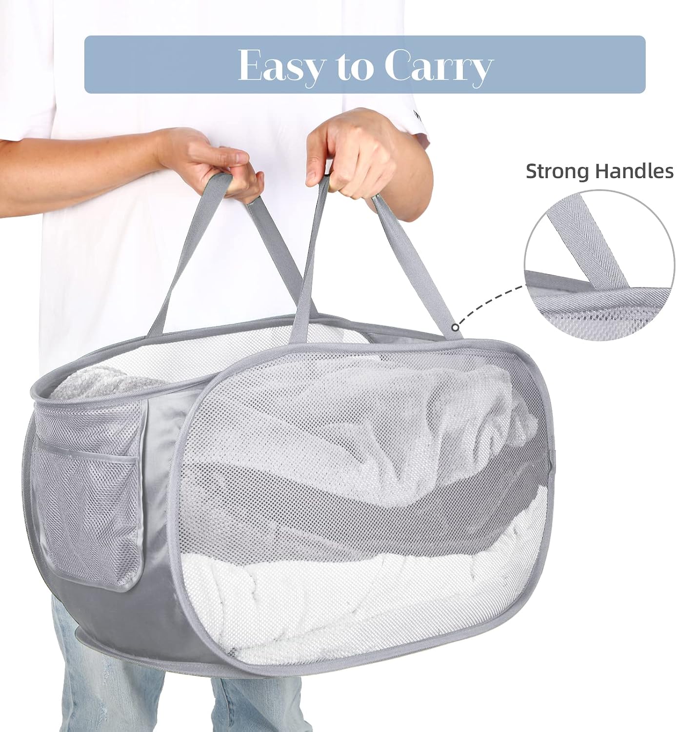 Durable Collapsible Laundry Baskets, Mesh Pop Up Laundry Hamper with Side Pocket, Foldable Clothes Storage Hamper