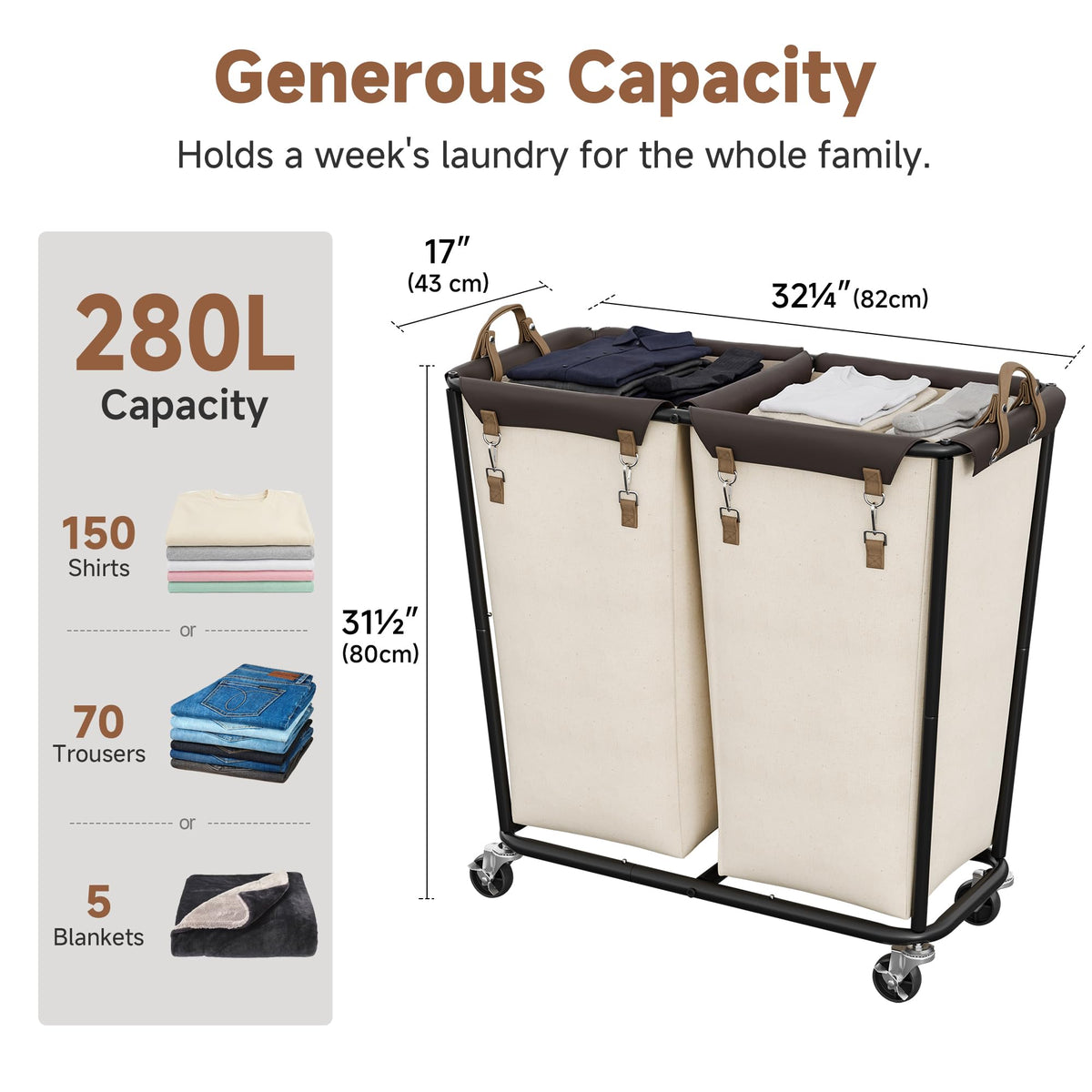 2 Section Laundry Hamper with Wheels, 280L Beige Sorter Cart
