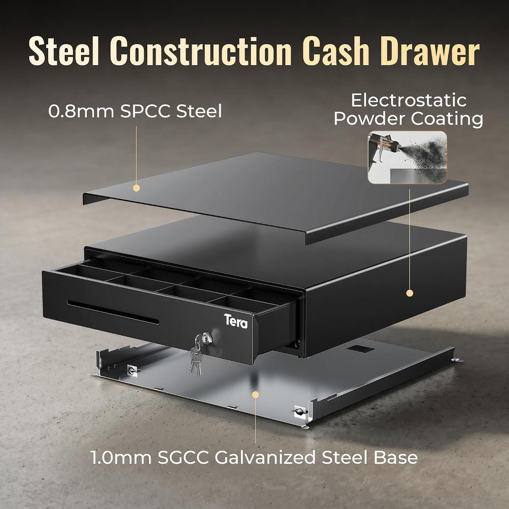 Cash Register Drawer 16 inch: 5 Bill 8 Coin Media Slot for POS, 415A | RJ-12 Interface, Auto & Manual Open, Removable