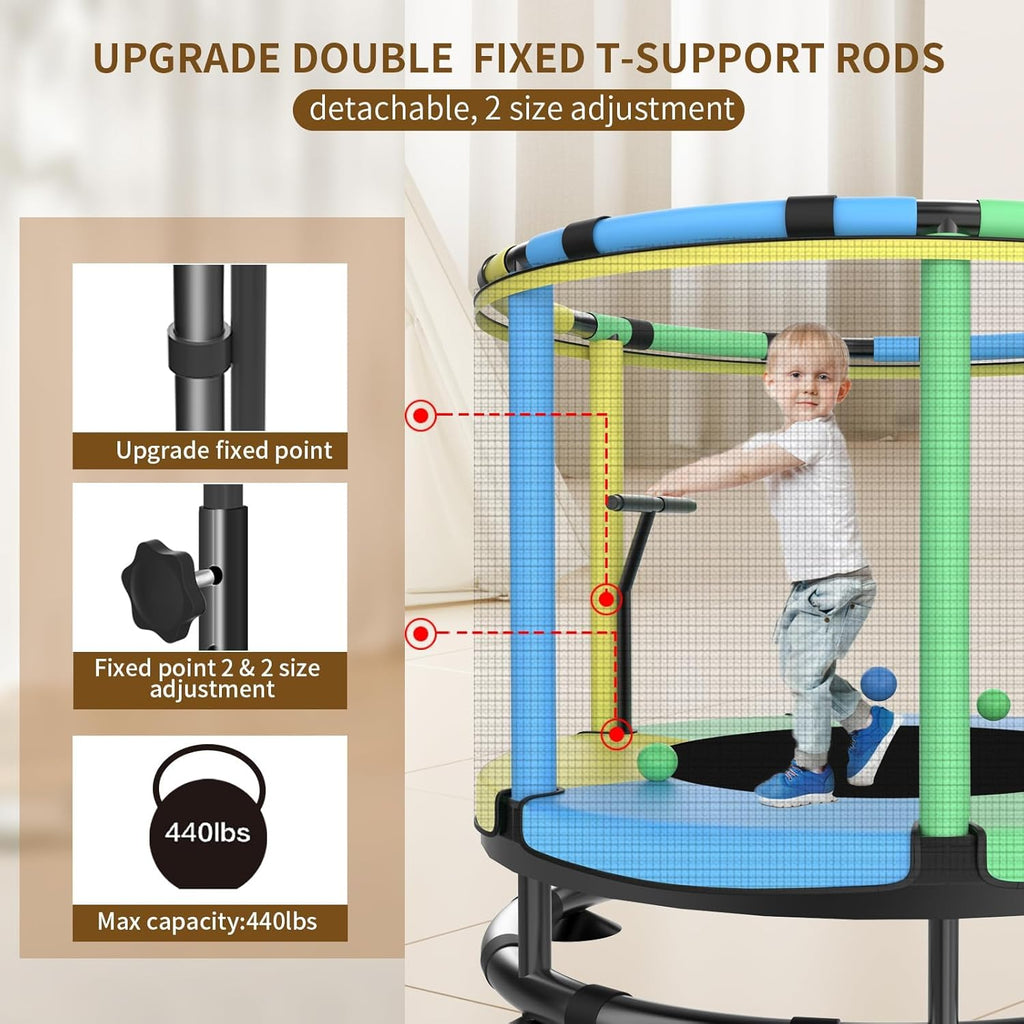 Trampoline for Kids, Full Anti-Rust 440lbs Anti-Rollover Round Bottom Toddler Trampoline, T-handrail Adjustable Baby