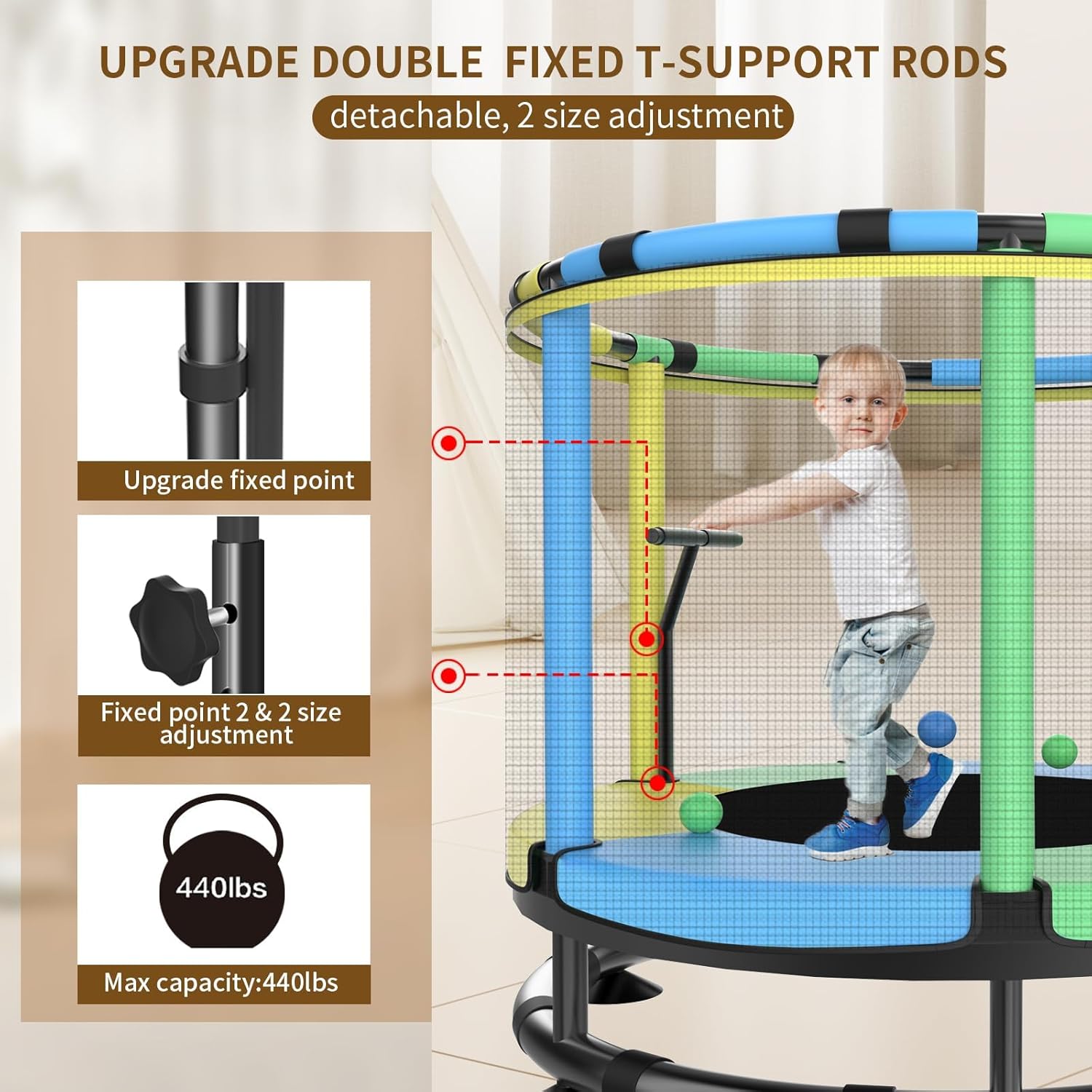Trampoline for Kids, Full Anti-Rust 440lbs Anti-Rollover Round Bottom Toddler Trampoline, T-handrail Adjustable Baby