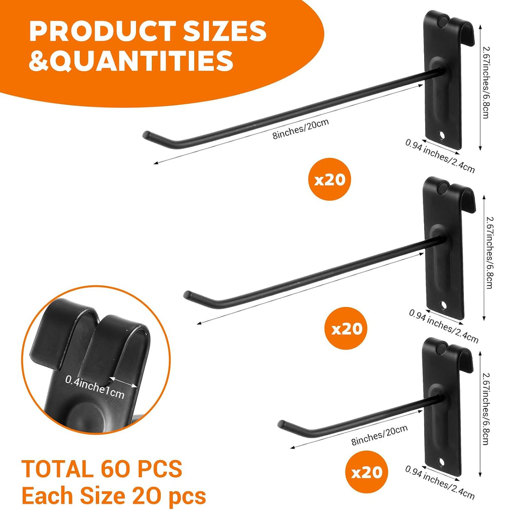 4/6/8 Inch Gridwall Hooks, 60 Pack Heavy Duty Black Grid Wall Hook Display Hooks for Gridwall Panels, 20 Lbs Load