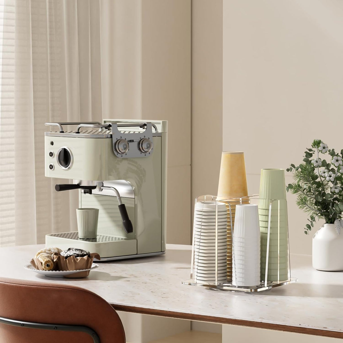 Coffee Cup Organizer for Countertop - Rotating Plastic Cup Holder 4 Compartments Clear Acrylic Cup and Lid Holder for